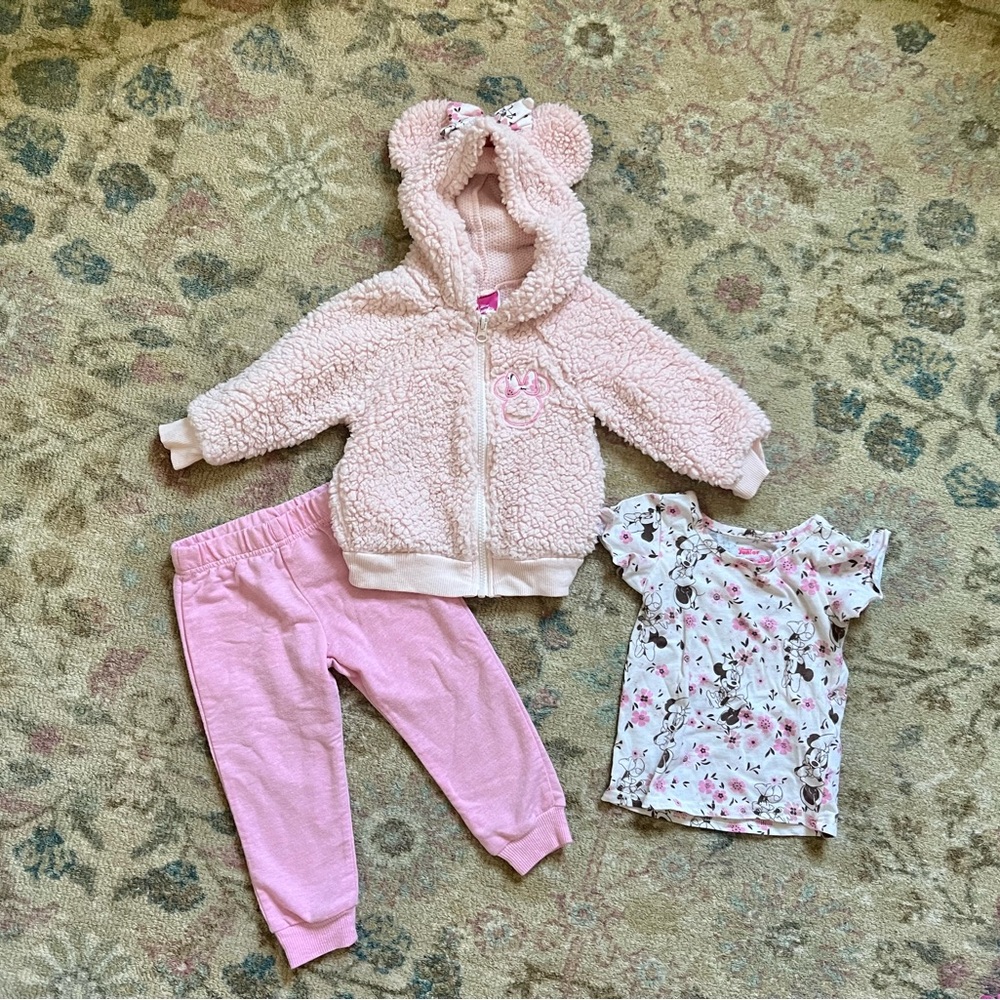 Minnie Mouse Pink Fleece Hoodie Set with Floral Top 2T